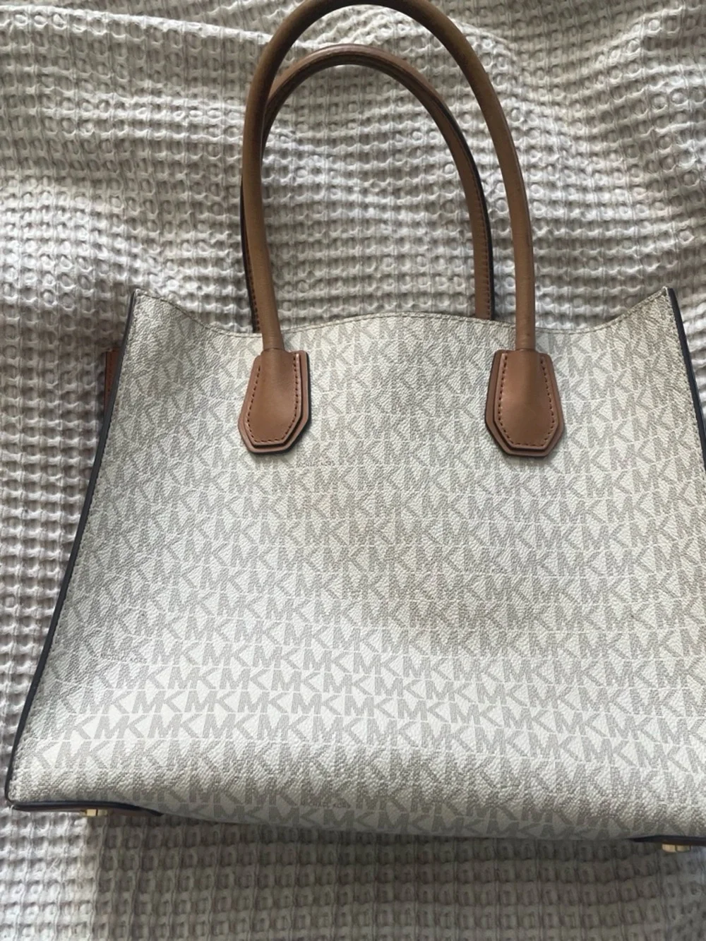 Michael Kors Beige Signature MK Tote with Brown Leather Handles